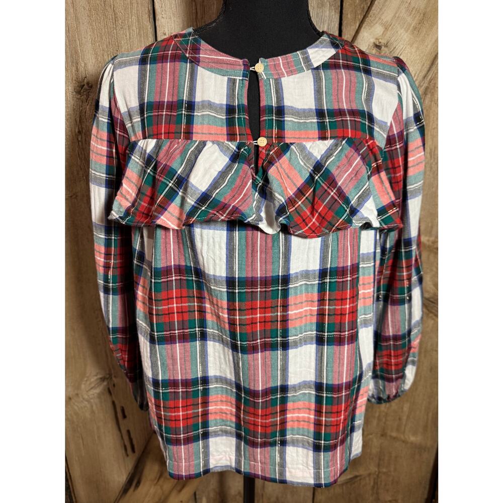 J.Crew Ruffle Popover Top in Snowy Stewart Tartan Plaid w/ Metallic Threads Sm